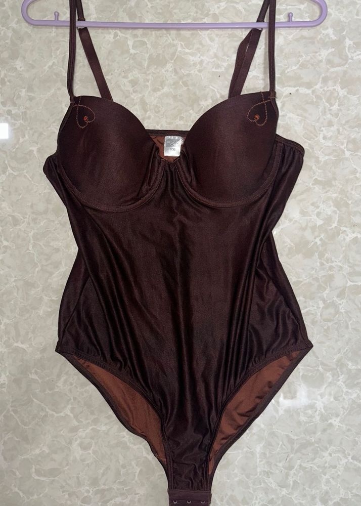 Chic Brown Satin Bodysuit – Size 32-34