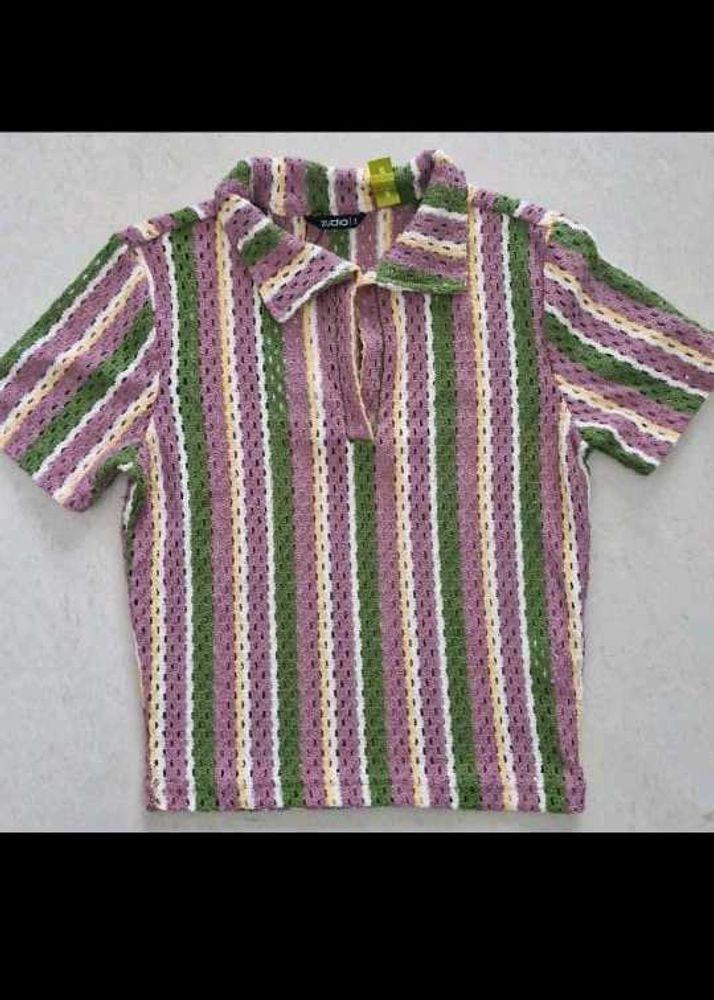 Striped Knit Polo Top