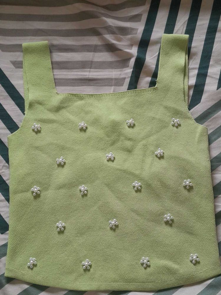 Green Pearl Embellished Tank Top