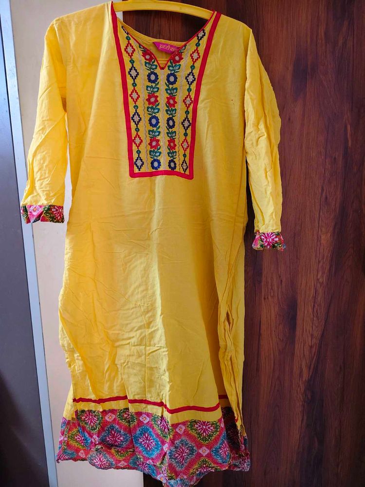 Yellow Embroidered Kurti