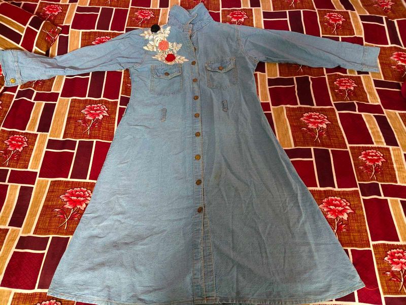 Denim Dress with Floral Detail