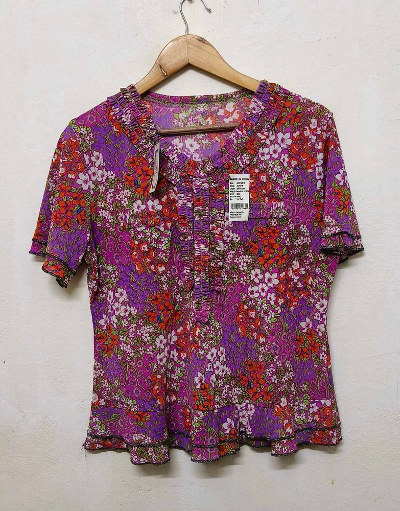 Trendy New Floral Ruffle Neck Top