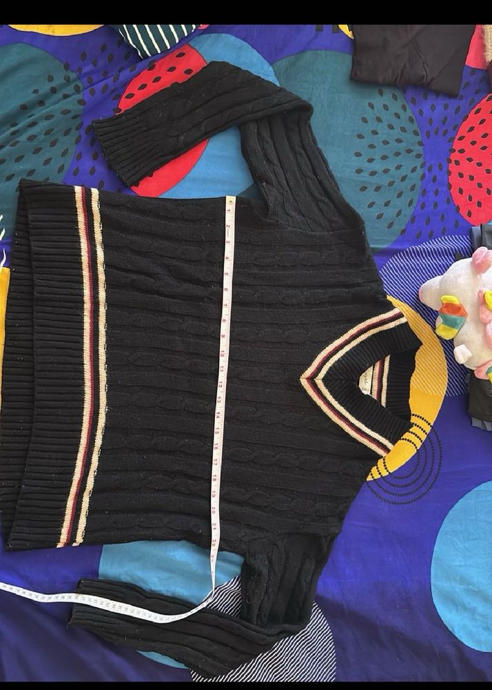 Striped Trim Black Knit Sweater