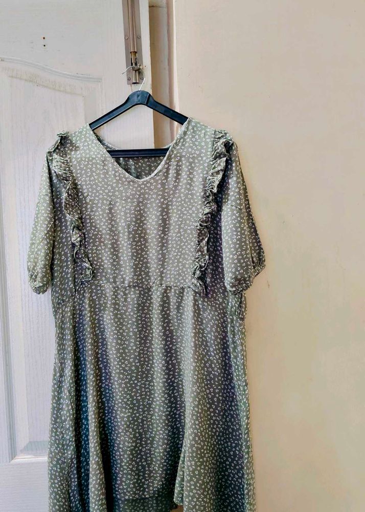 Olive Green Floral Ruffle Dress