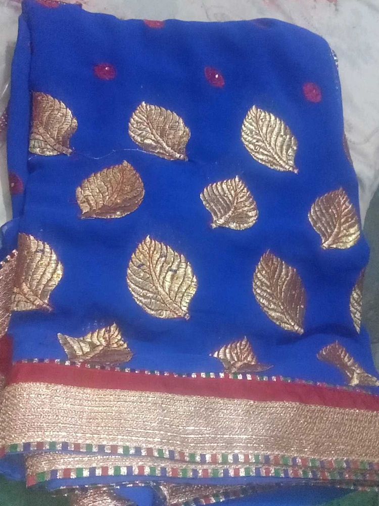 Blue &amp; Gold Embroidery Zari work Saree