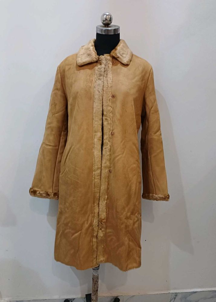 Brown suede..inside Faux Fur Trim Coat