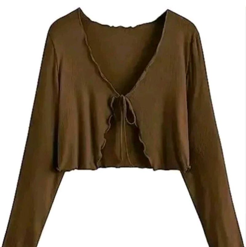 Chic Brown Tie-Front Ribbed Crop Top