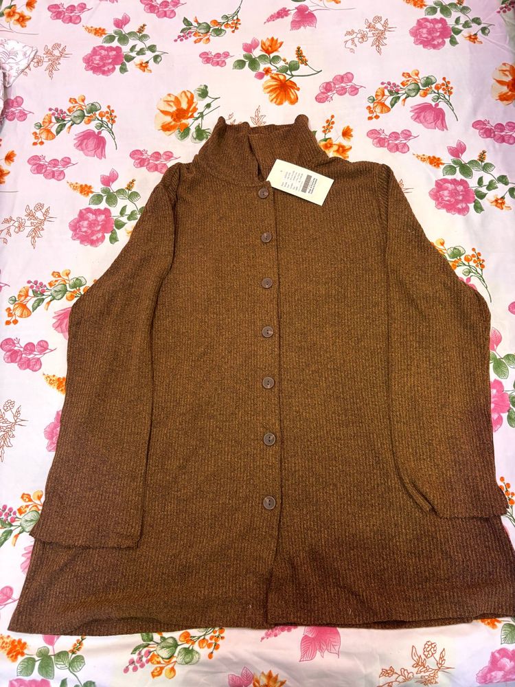 Brown Button-Down Knit Top