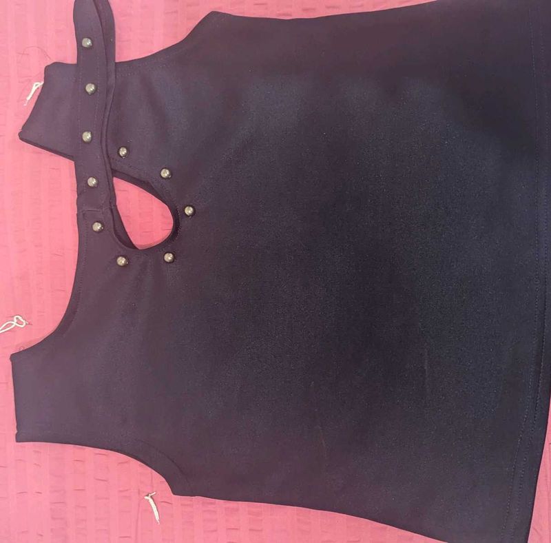 Elegant Navy Blue Sleeveless Keyhole Top