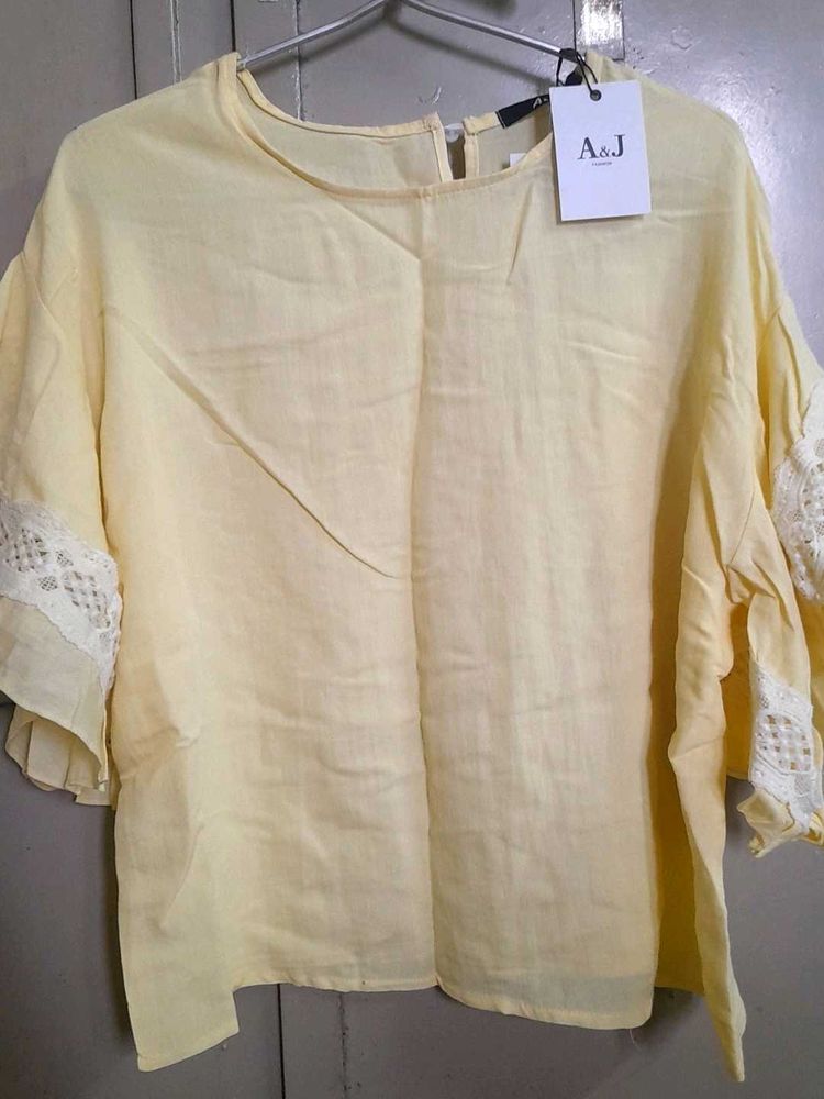 Stylish Loose Sleeves Lemon Yellow Top Plain
