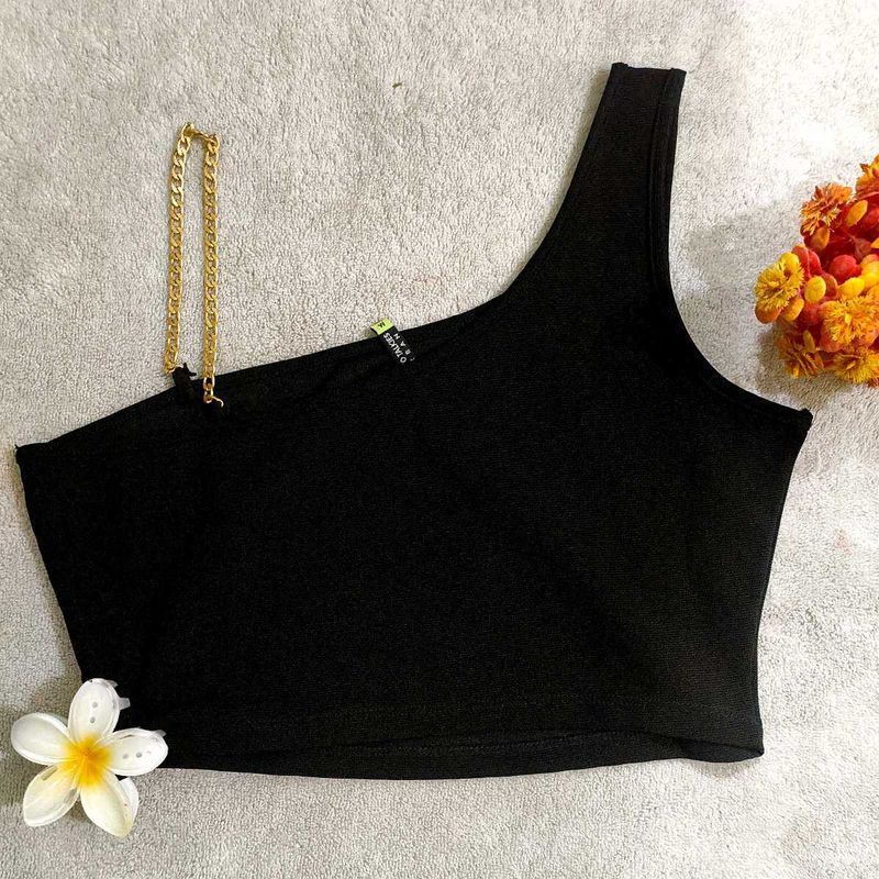 🖤 Luxe 1-Shoulder Black Crop Top+Goldchain Accent