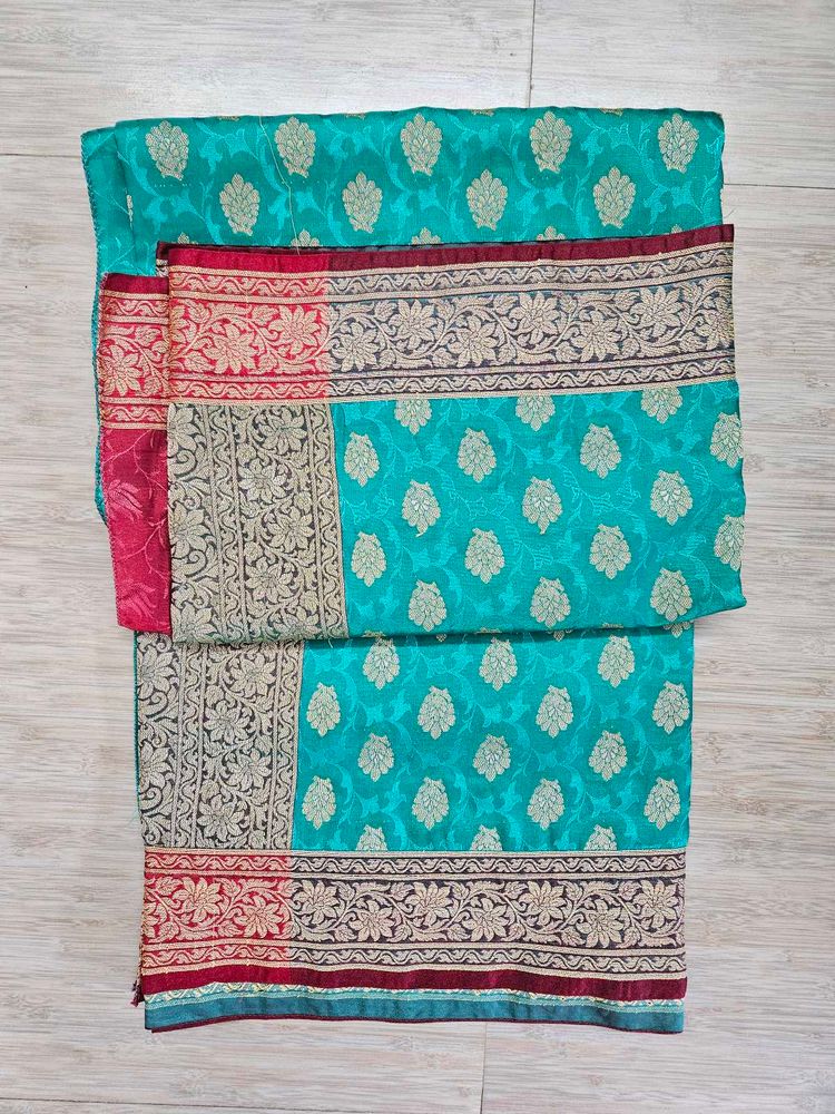 Teal &amp; Red Floral Saree