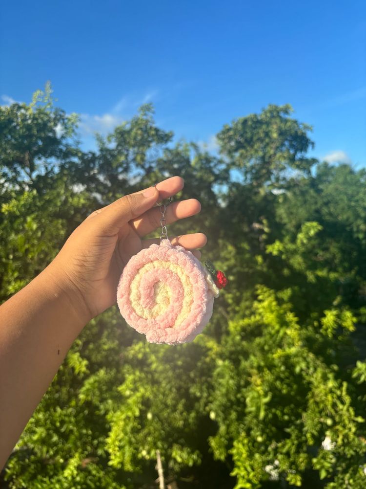 Crochet Cream Roll Key Chain