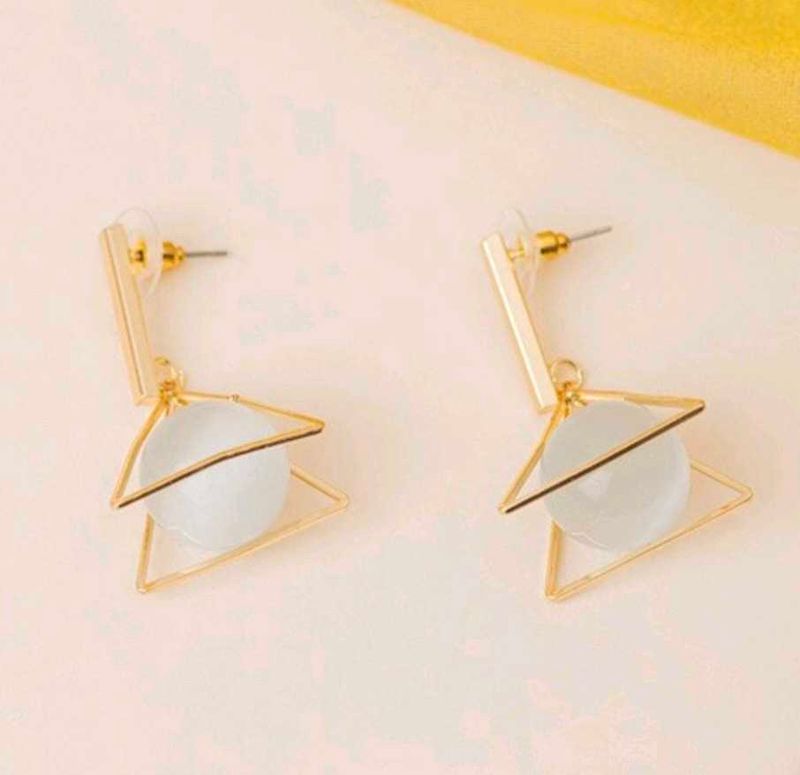 Gold Toned White Pearl Wrapped Pyramid Earings