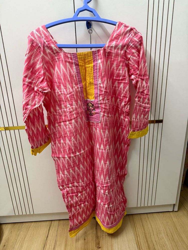 Pink Yellow Cotton Dress With Dupatta