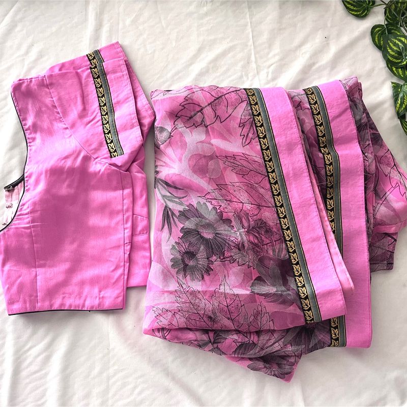 Pink &amp; Black Printed Saree &amp; Blouse Set (Women)