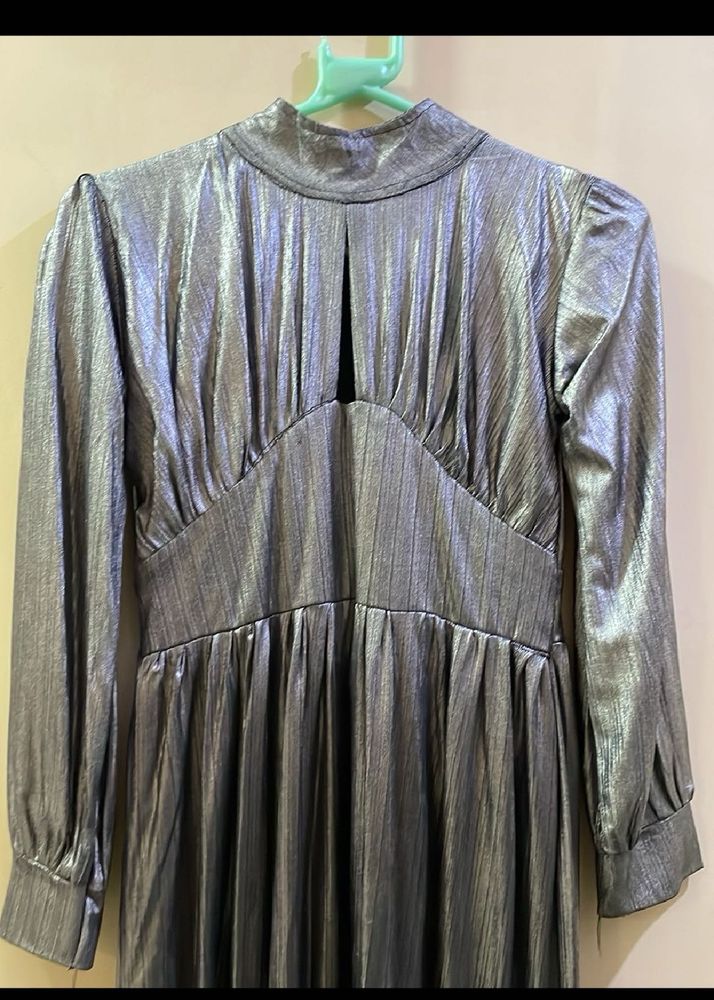 Shiny Silver Long Slit Dress