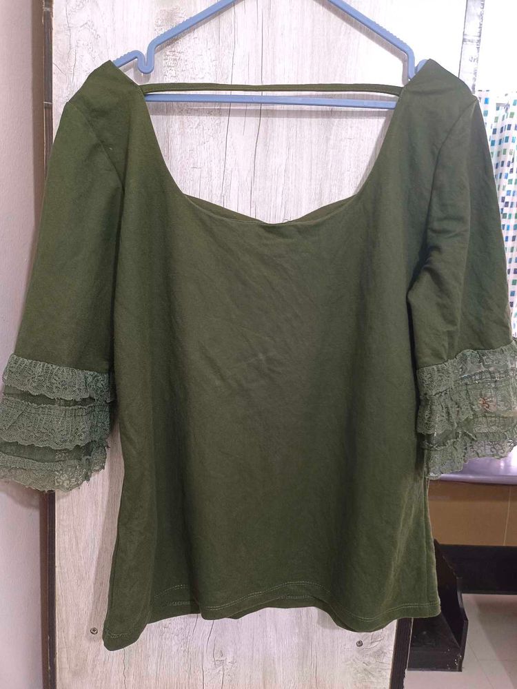 Olive Green Lace Sleeve Top