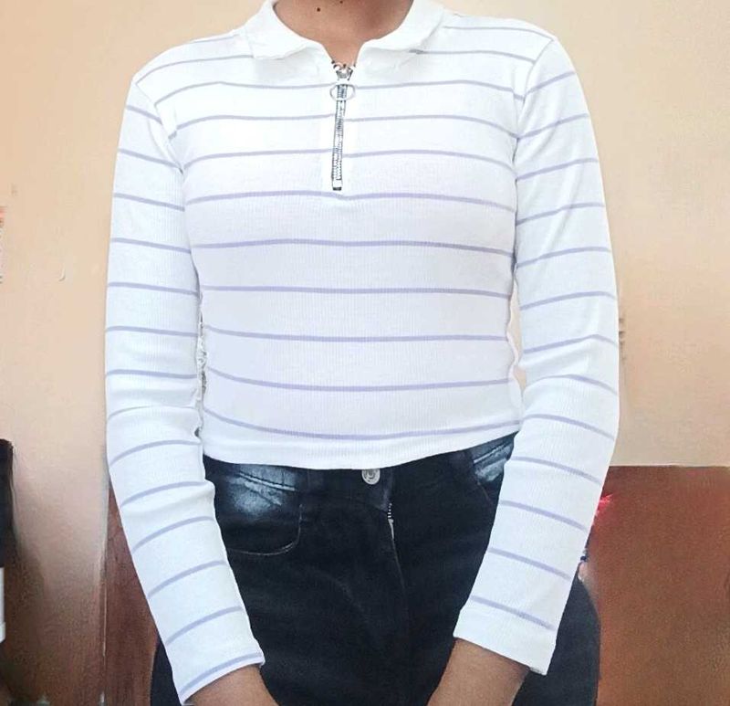 Striped Long Sleeve Polo Top