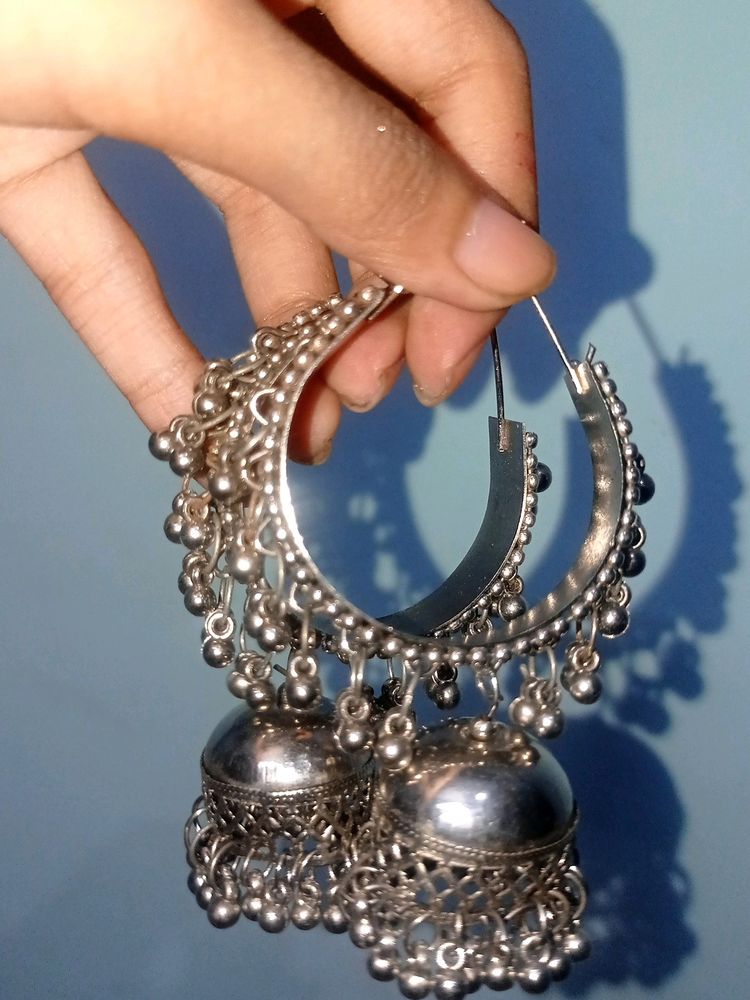 Silver Hoop Earrings With Jhumki