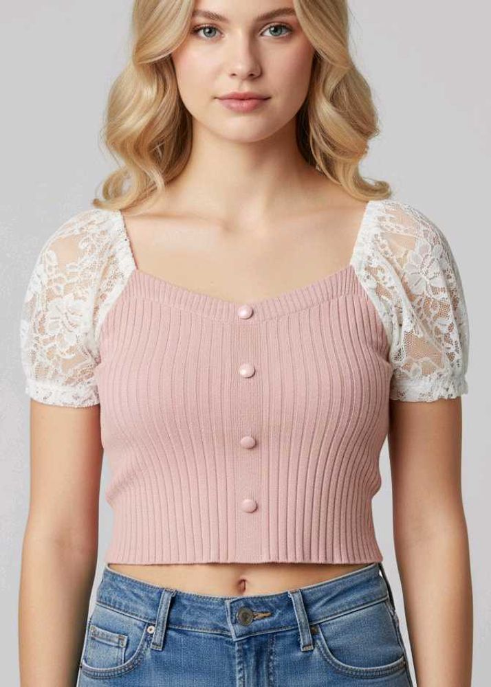 Lace Sleeve aesthetic Ribbed Knit Top🩷