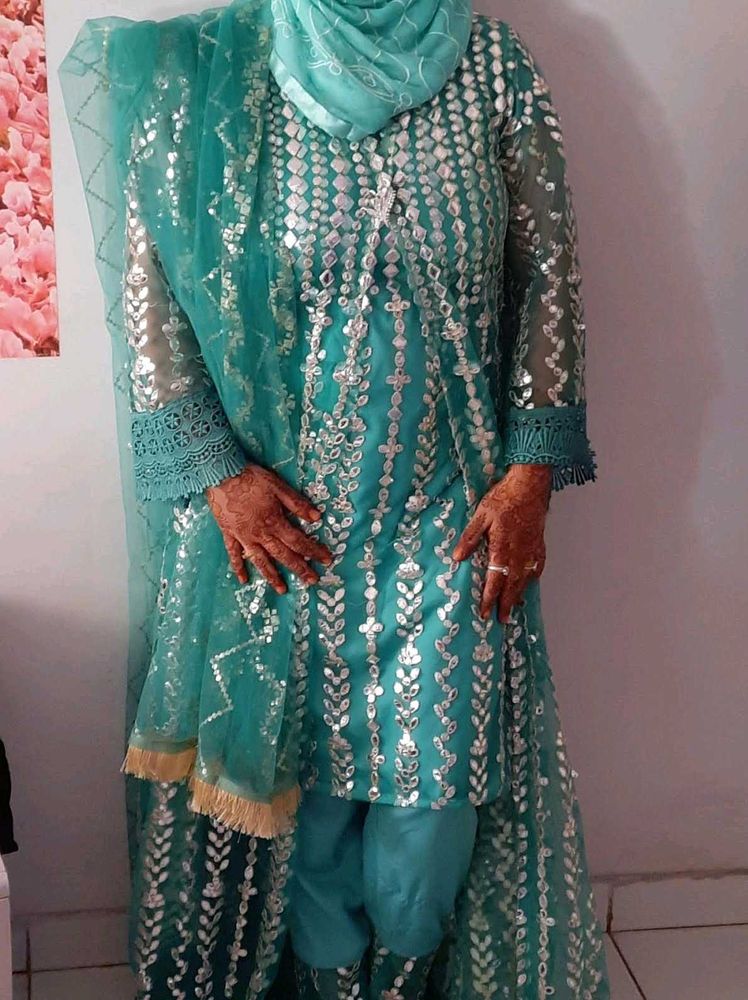 Teal Mirrorwork Salwar Kameez