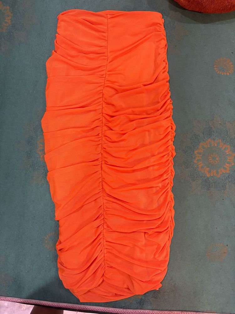 Orange Ruched Mini Skirt