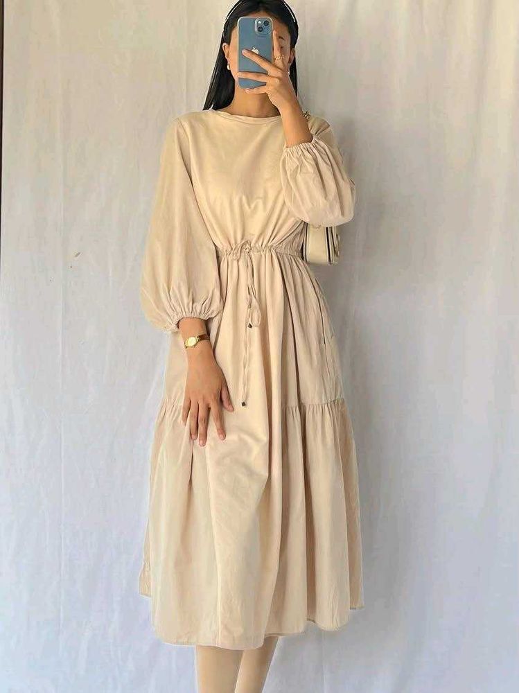 Beige Balloon Sleeve Tiered Midi Dress