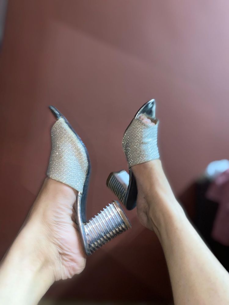 Party Wear Silver Block Heels