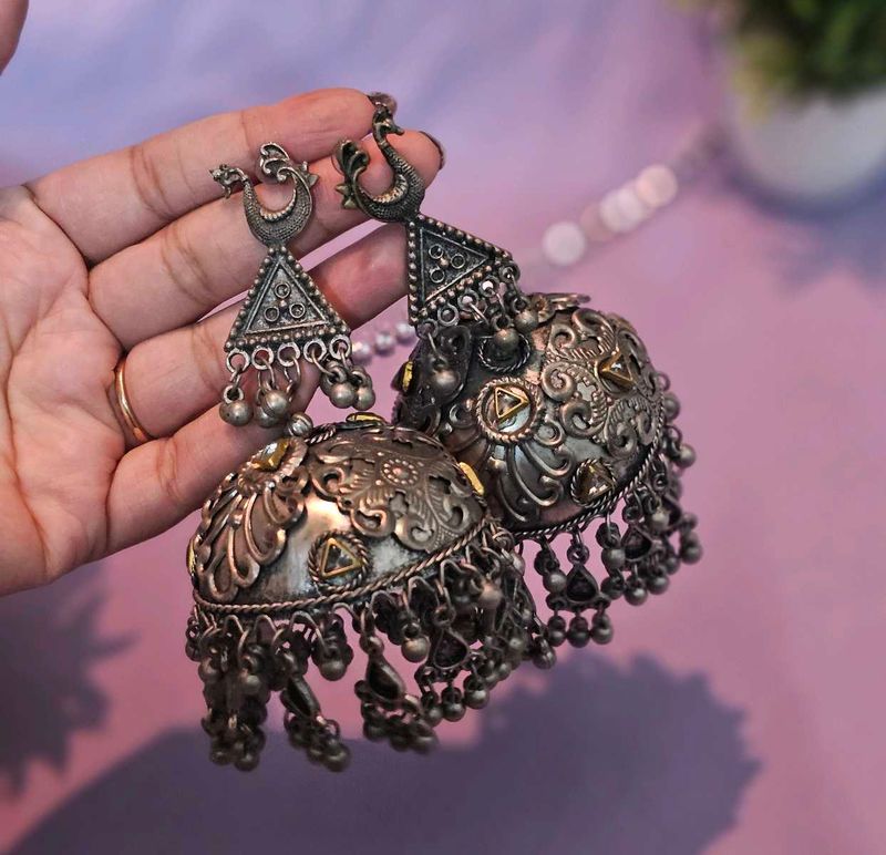 Oxidized Silver Jhumka Earrings