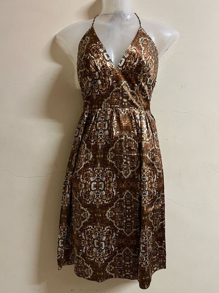 Brown Patterned Halter Dress