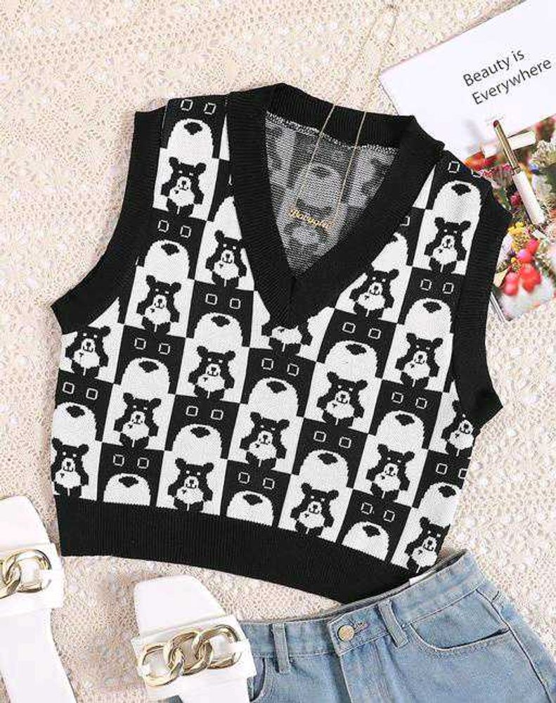 Cute Bear Print Knit Vest