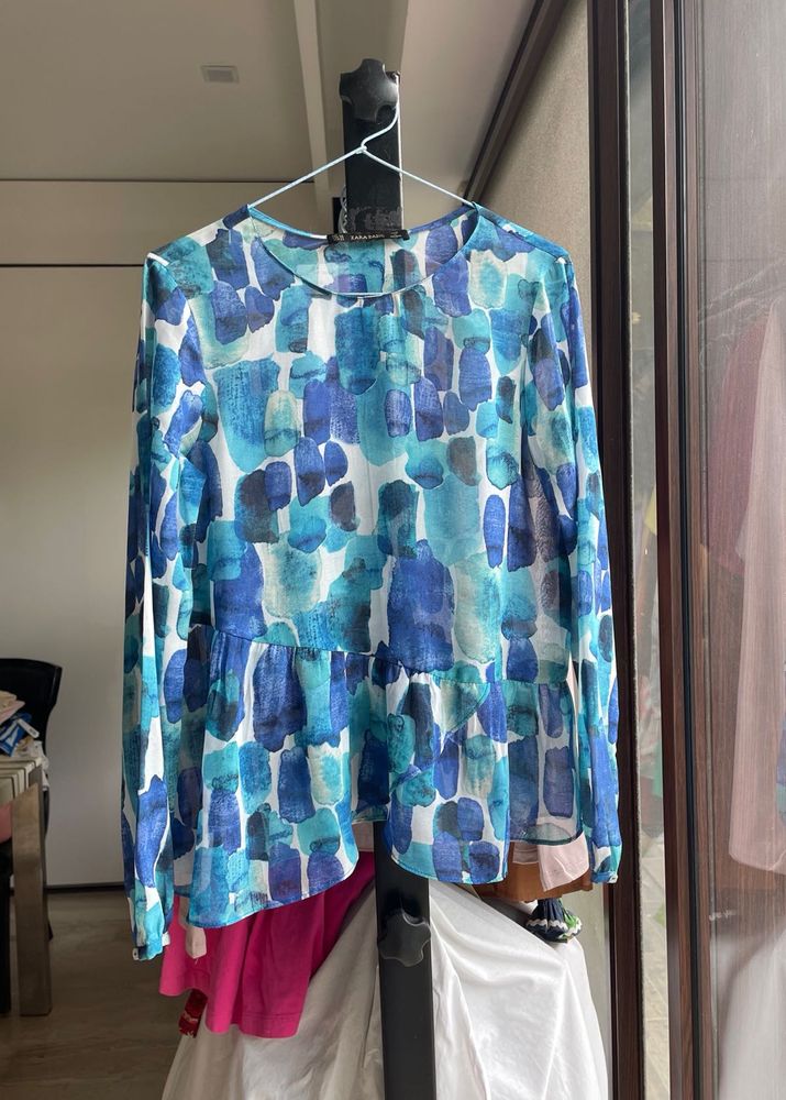 Blue Watercolor Print Peplum Top