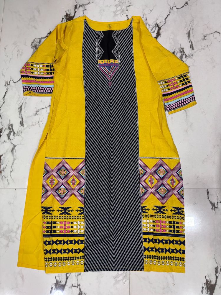 Xxl Yellow Embroidered Kurta