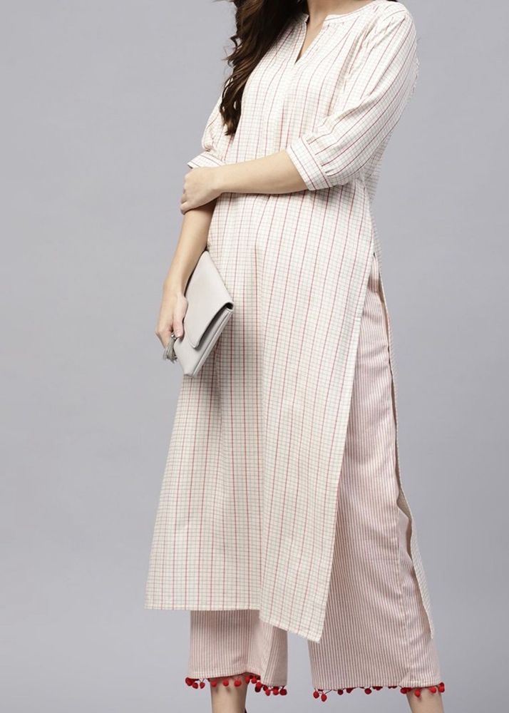 Beige Red Checked Kurta With Palazzos