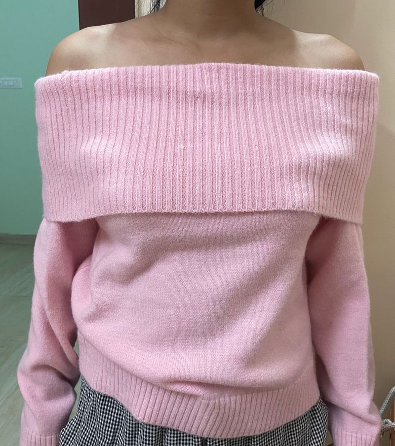Pinterest Pink Off-Shoulder Knit Sweater Top🌸