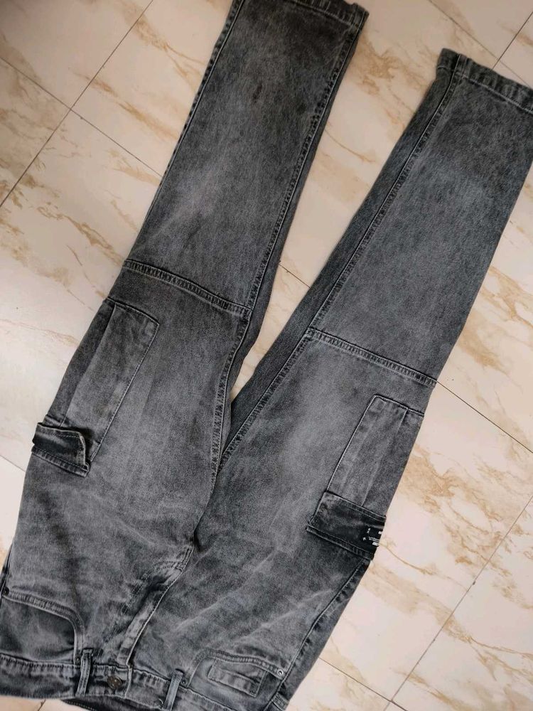 Gray Denim Cargo Pants