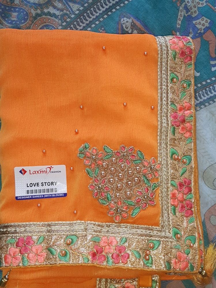 Partywear Mustard Work Saree With Sticthed Blouse
