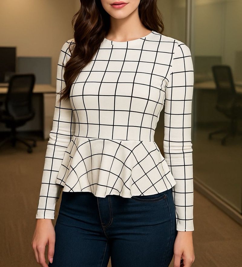 White Plaid Checks Top With Long Sleeves For Women