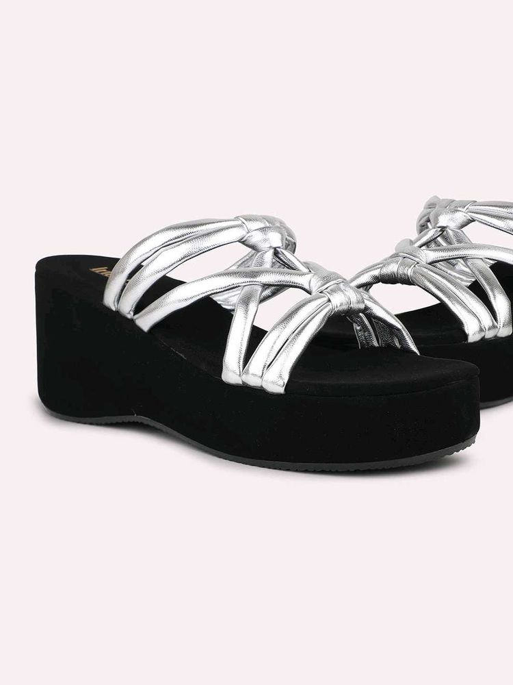 Women Silver Strapy Open Toe Wedge Heels With Knot