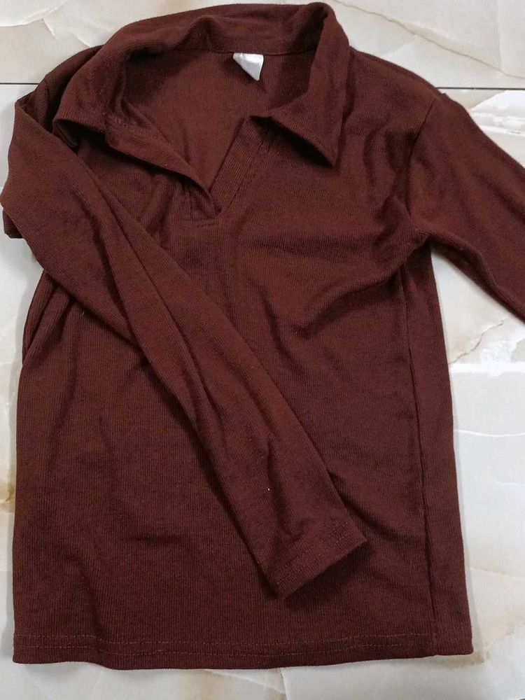 ribbed v neck top brown full sleeved