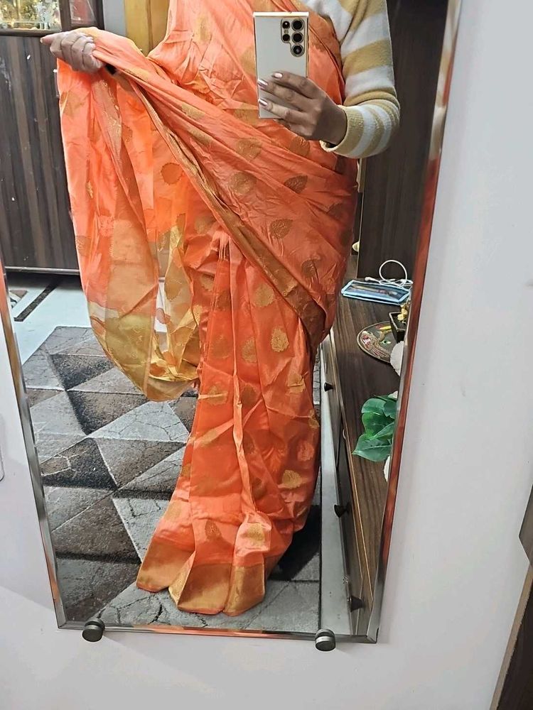 Elegant Orange Saree with Gold Accents