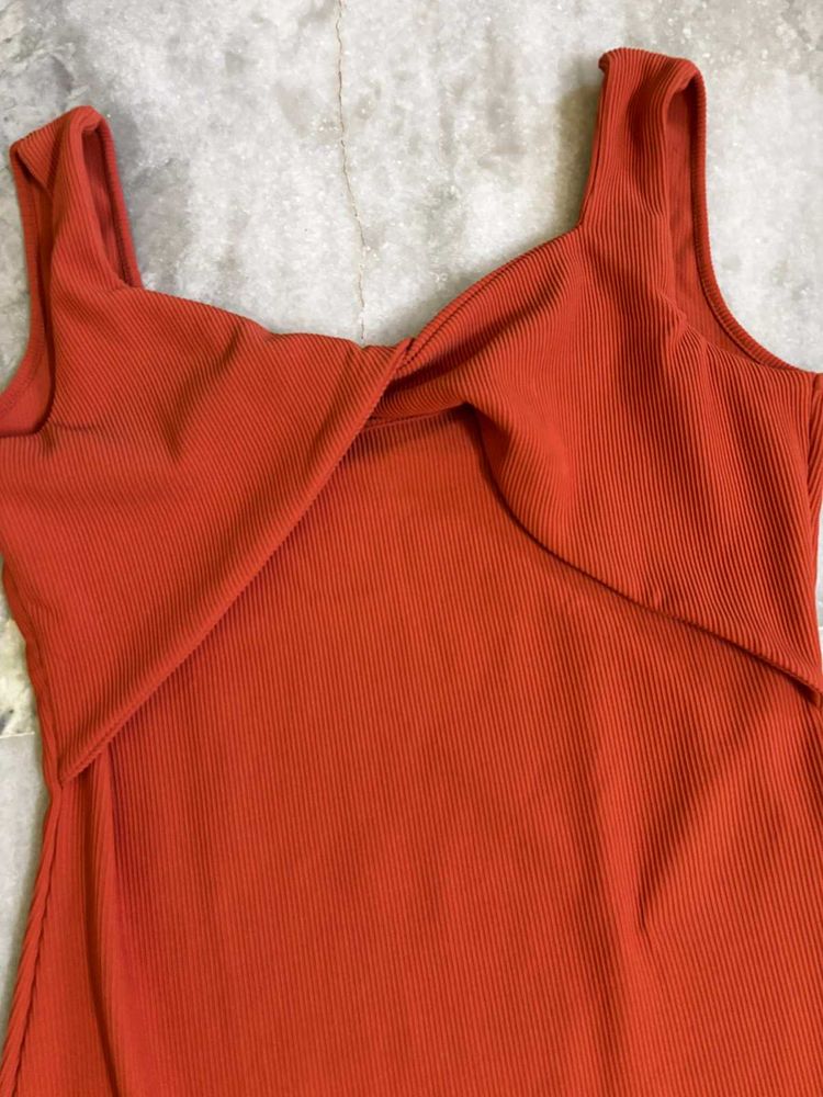 Orange Ribbed Bow-Front Bodycon Dress