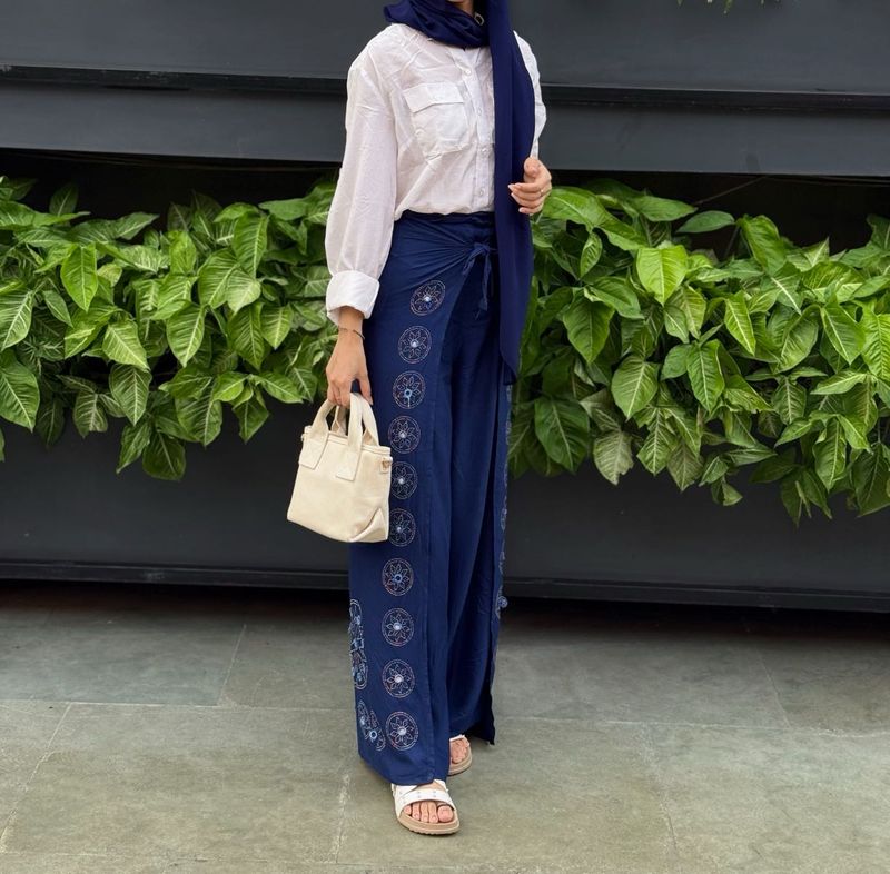 Navy Blue Boho Wrap Pants with Floral Embroidery