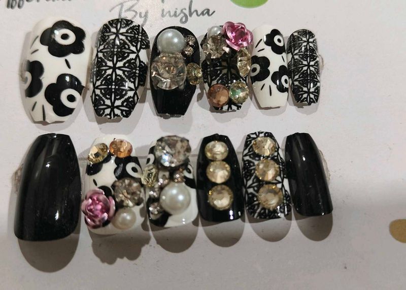 Monochrome Embellished Press-On Nails