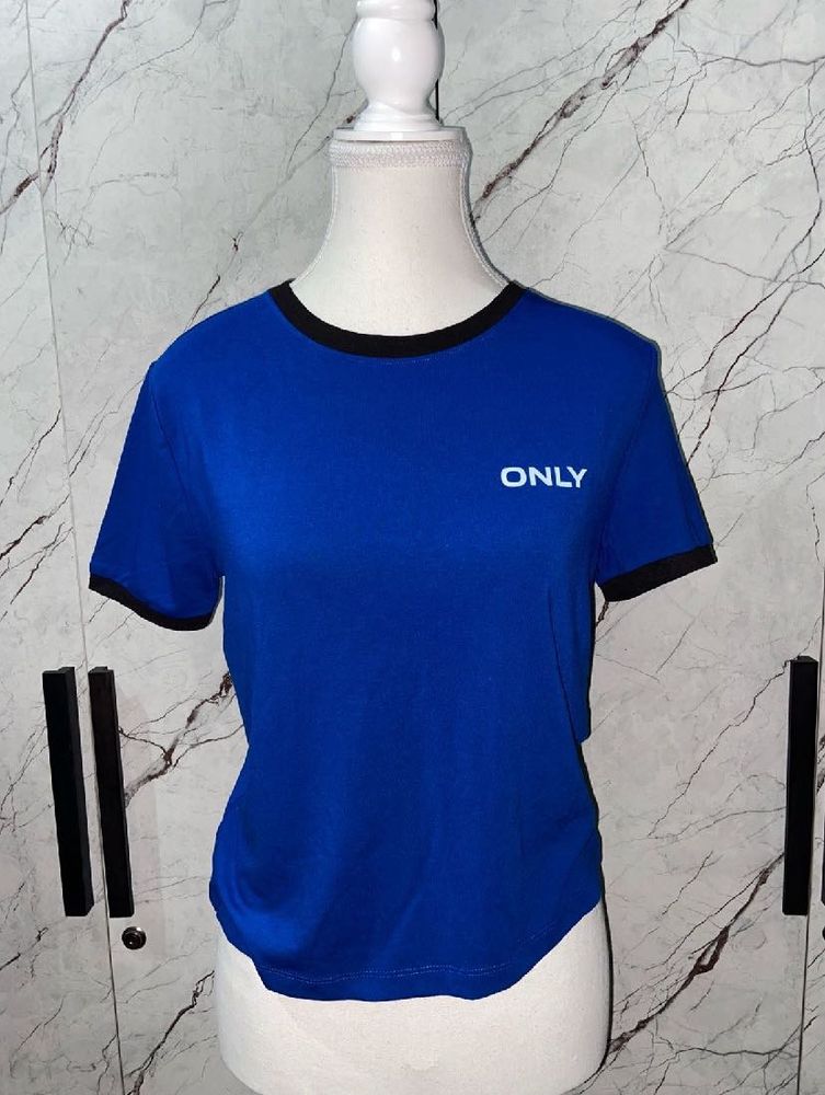 Round Neck BLUE CONTRAST TIPPING T-SHIRT,