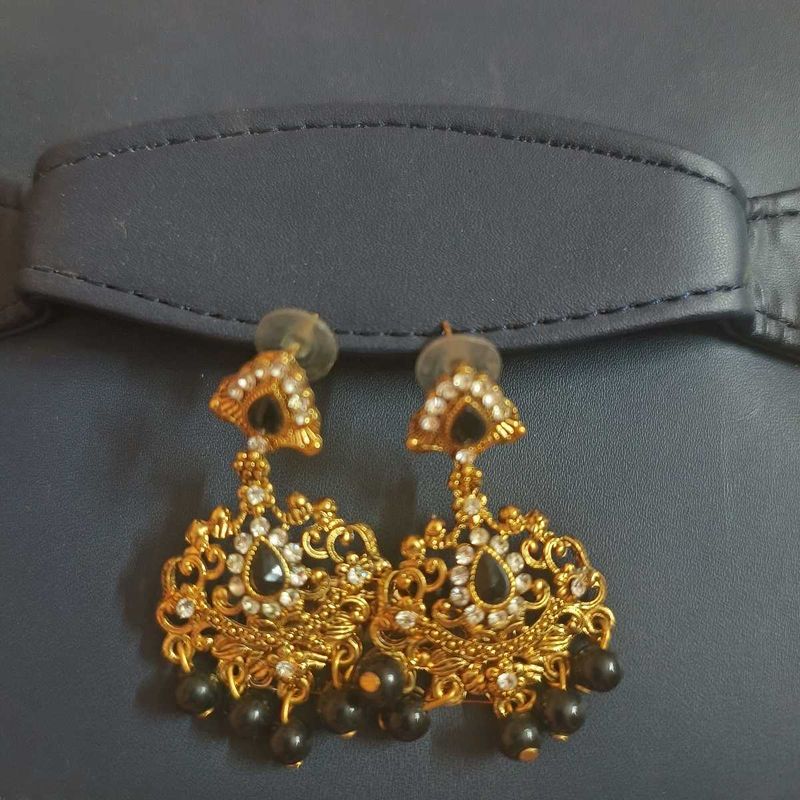Gold Tone Black &amp; Rhinestone Dangle Earrings