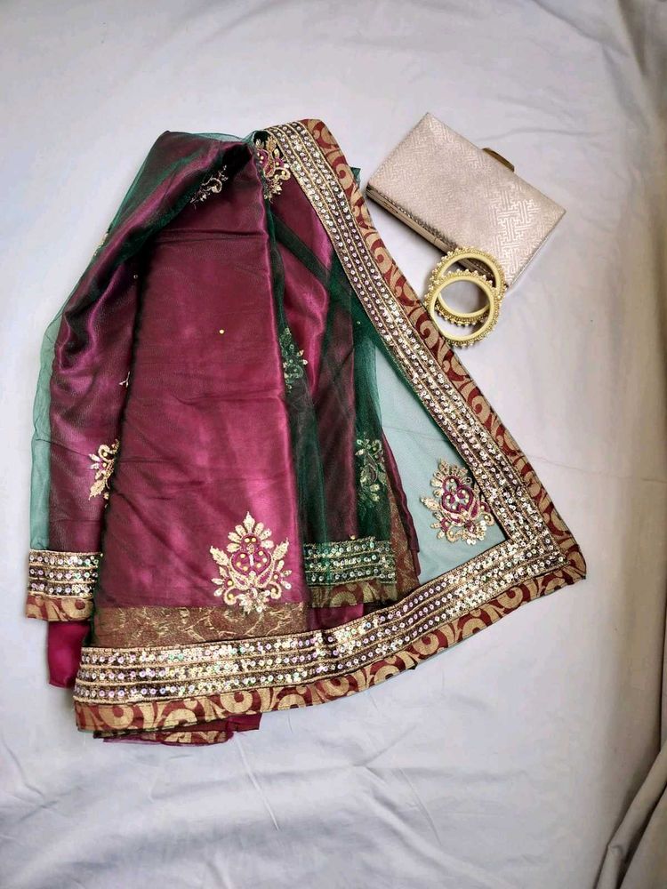 Maroon &amp; Green Embroidered saree