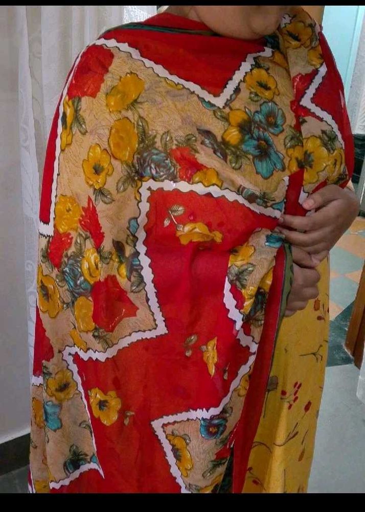 Floral Print Dupatta yellow red net
