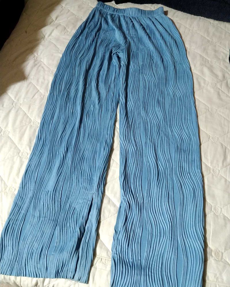 Blue Plisse Wide Leg Pants